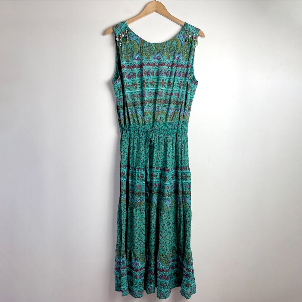 Vintage 90s Tiered Floral Midi Dress Back Cutout Beaded Tropical Maximalist
